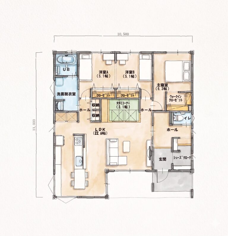 31坪4LDKの平屋プラン　間取り