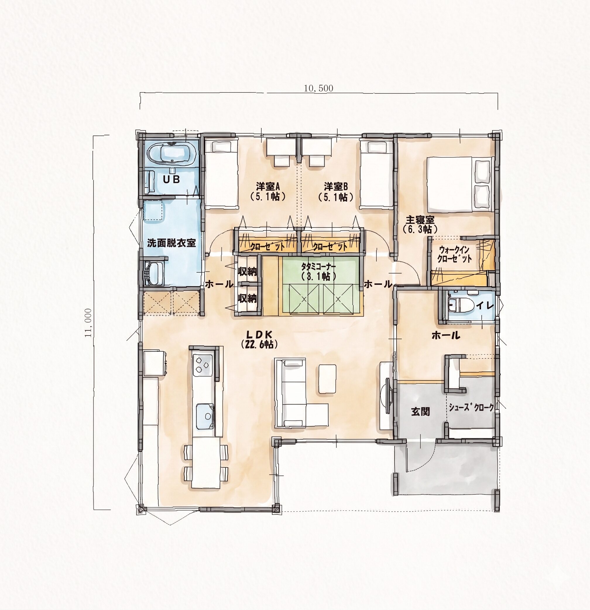 31坪4LDKの平屋プラン　間取り